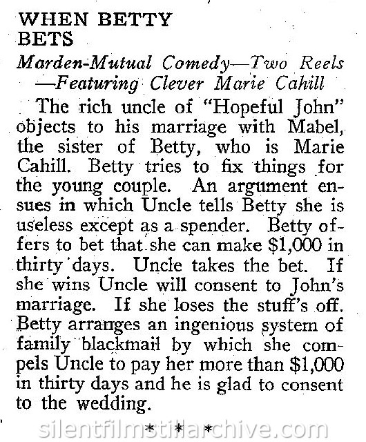 WHEN BETTY BETS (1917) synopsis
