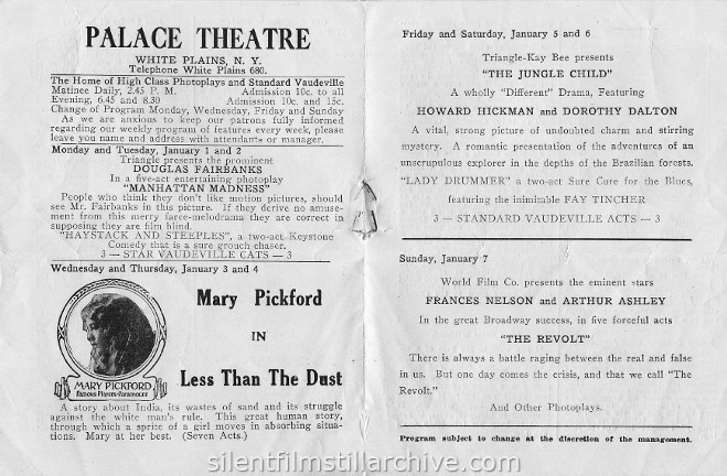 Palace Theatre program, White Plains, New York,  1917
