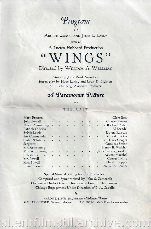 WINGS (1927) program from the Erlanger Theatre in Chicago, Illinois