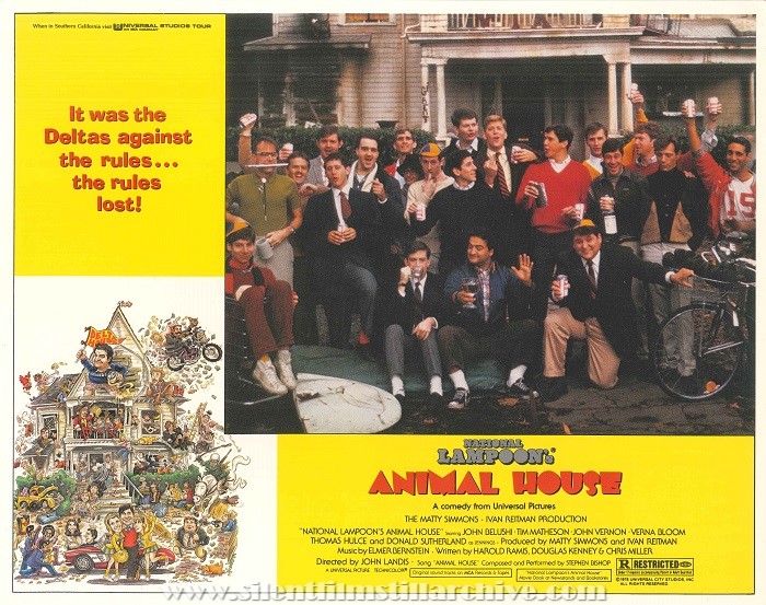 Lobby card for National Lampoon's ANIMAL HOUSE (1978) with John Belushi, Tim Matheson, Tom Hulse, Stephan Furst, Peter Riegert, and James Widdowes