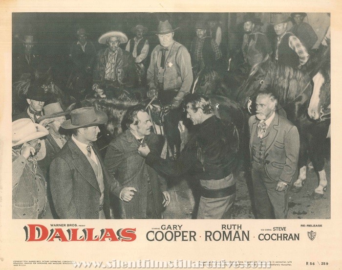 Reissue lobby card for DALLAS (1950) with Leif Erikson, Jerome Cowan, Gary Cooper, and Antonio Moreno.