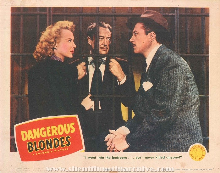 Lobby card with Evelyn Keyes, Edmund Lowe, and Allyn Joslyn in DANGEROUS BLONDES (1943)