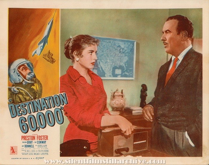 Lobby card for DESTINATION 60,000 (1957) with Colleen Gray and Preston Foster