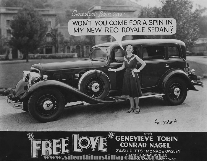 Genevieve Tobin promoting the Reo Royale Sedan (car) for the film FREE LOVE (1930)