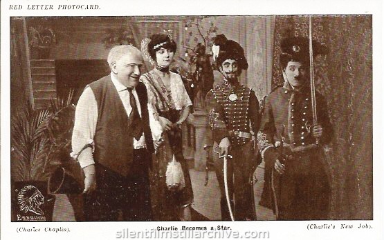 Red Letter Photocard of HIS NEW JOB (1915) with Robert Bolder, Charlotte Mineau, Leo White and Charlie Chaplin