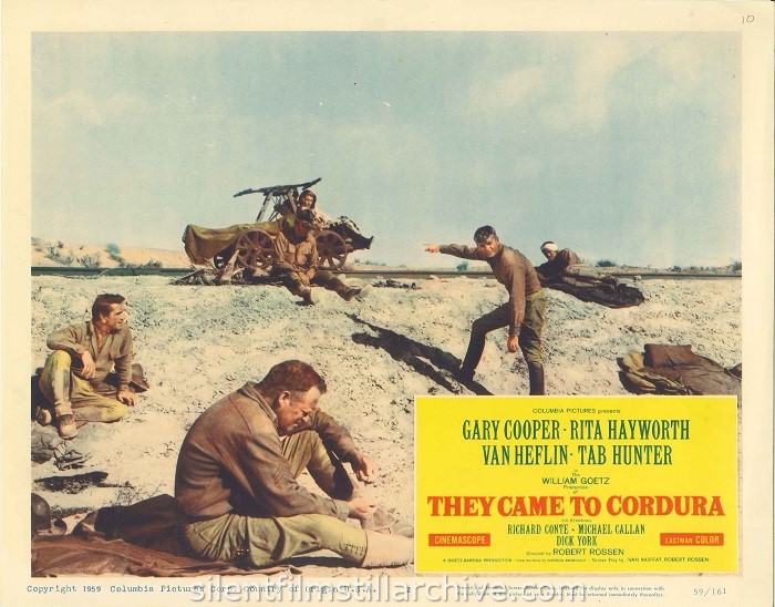 Lobby card for THEY CAME TO CORDURA (1959) with Richard Conte, Van Heflin, Rita Hayworth and Gary Cooper.